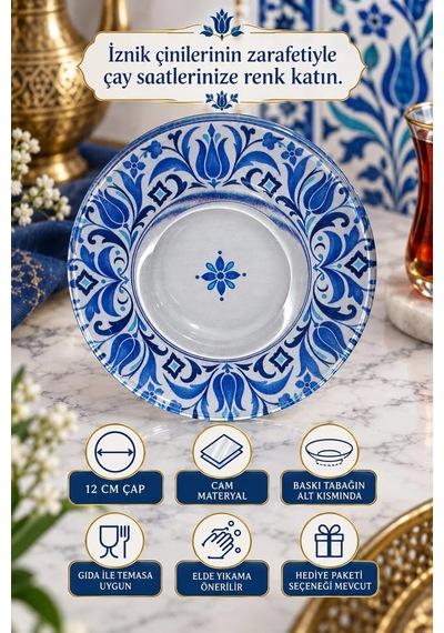 6 Lı Cam Çay Tabağı İznik Çini Desenli 12 Cm 6 Adet Çay Tabak Mavi