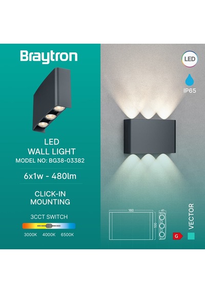 Braytron 3 Renk Modlu İç-dış Mekan Led Duvar Armatürü 3cct Bg38-03382 Haiti Aplik Siyah