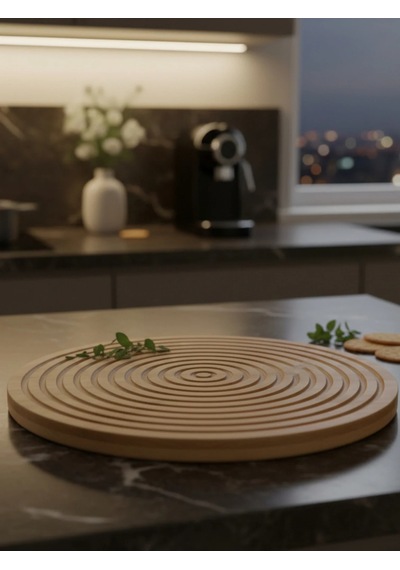 Mybru Bambu Yuvarlak Şeritli Sunum Tabağı Servis Tabağı 28 Cm Kahverengi