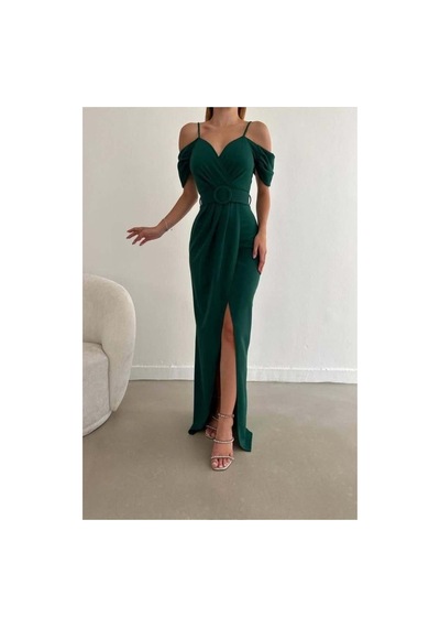 DefyModa Kadın Minimal Krep Kumaş V Yaka Yırtmaçlı Abiye Elbise Zümrüt