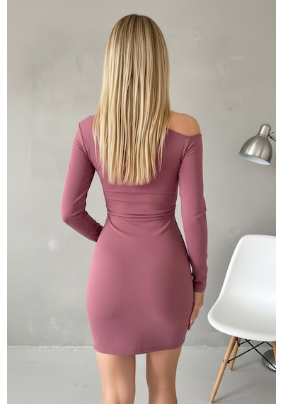 Defymoda Kadın Asimetrik Yaka Bodycon Elbise Pembe