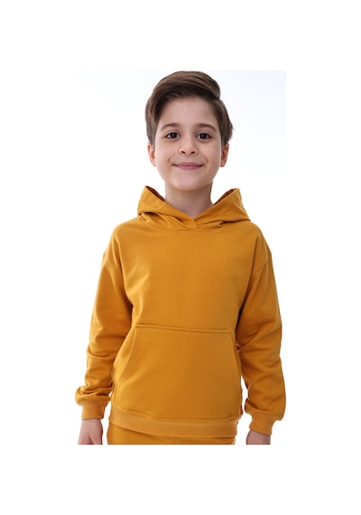 Basic Kapüşonlu Şardonlu Kanguru Cep Detaylı Çocuk Sweatshirt 3-10 Yaş Ekru Hardal