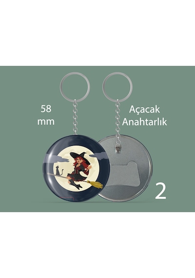 58 Mm Buton Açacaklı Anahtarlık Yuvarlak Baskılı Anahtarlık Cadı Figürlü Çok Renkli
