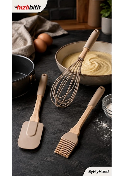 Bymyhand Ahşap Saplı Slikon Uçlu Mutfak Ve Pasta Yapım Hazırlık 3'lü Set Karışık