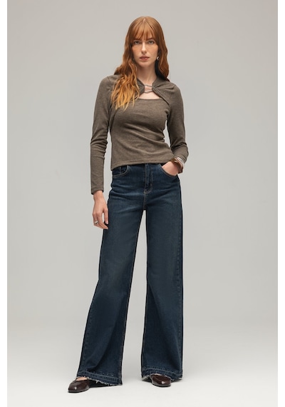 Sââde Kadın Yüksek Bel Wide Leg Jean Pantolon - Paça Detaylı Lacivert