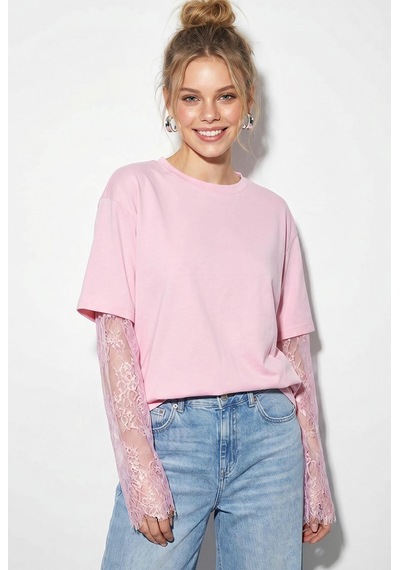 Shade Kadın Bisiklet Yaka Dantel Kollu Oversize Pamuklu T-shirt 1049 60286075 - Pembe