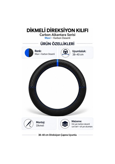 Trobus Hyundai İ20 2015-2020 Uyumlu Dikmeli Direksiyon Kılıfı Carbon Alkantara Karbon Desenli Mavi