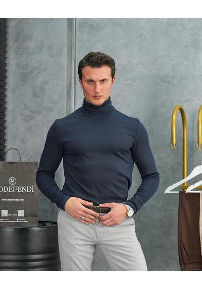 Modefendi Slim Fit İtalyan Kesim Tam Balıkçı Boğazlı Kazak Lacivert