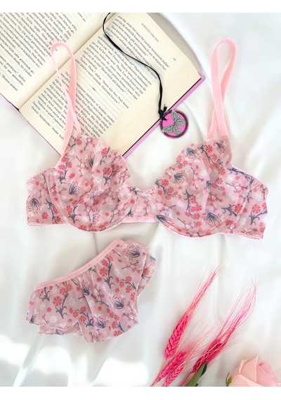 Arinda Ül Çiçek Desenli Balenli Kapsız Fırfırlı Bralette Sütyen Tanga İç Çamaşırı Takımı Alt Üst 2 Parça Pembe