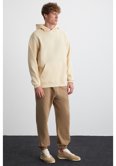 Grımelange Cartmel  Erkek Örme 3 Iplik Relaxed Fit Rahat Kalıp Kanguru Cepli Kapüşonlu Bej Sweatshirt