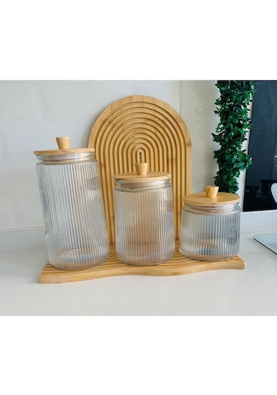 Qerhome Bambu Kapaklı Vakumlu 3'lü Çizgili Kavanoz Seti 800/1300/1800 Ml ŞEffaf
