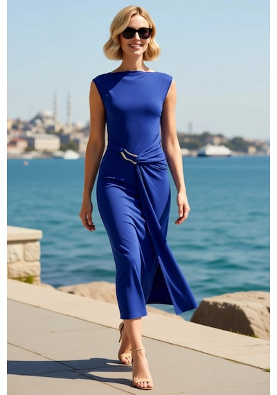 Benerly Kadın Bodycon Midi Elbise Kolsuz Kayık Yaka Aksesuar Detaylı Örne Saks
