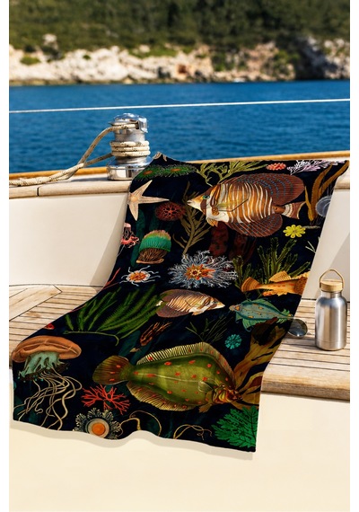 Deniz Altı Mercan Balık Temalı Plaj Havlusu - Marine Vintage Lacivert Havuz Mikrofiber Havlu Çiy Çiçeği