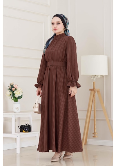 Sevitli Kolu Volanlı Kemerli Henna Elbise-kahverengi-5054 Kahverengi