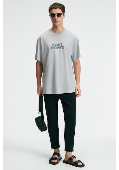 Grımelange FEAST Erkek %100 Pamuk Oversize Fit Baskılı Kısa Kollu Yuvarlak Yakalı Açık Gri T-Shirt