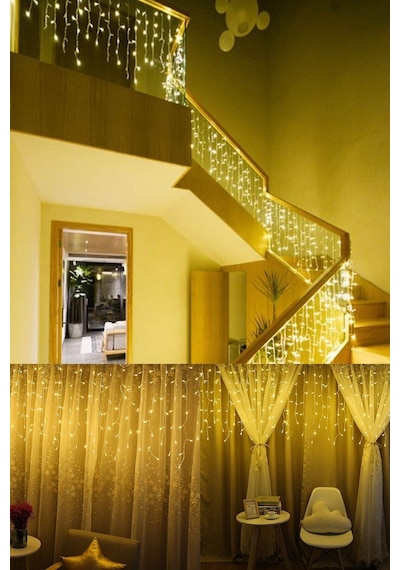 3x1 Metre Perde Led Animasyonlu 12 Saçaklı Kablolu Fişli Eklenebilir 8 Fonksiyonlu Sarı