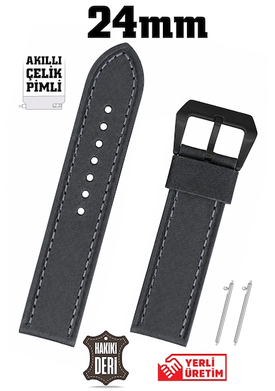 24mm Antrasit Gri Spor Hakiki Deri Saat Kordonu Kayış Akıllı Pimli Siyah