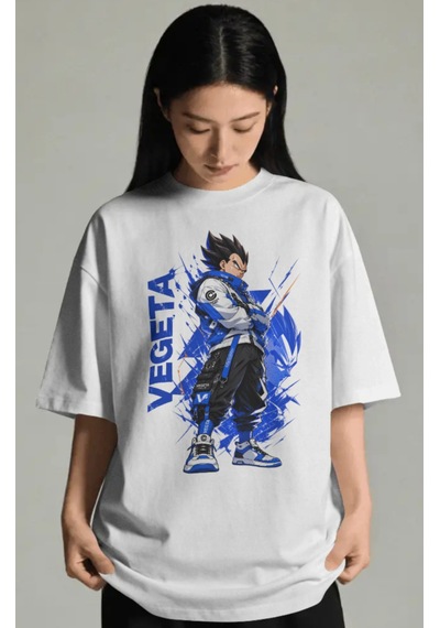 Unisex Oversize Vegeta Dragon Ball Anime Karakter Ön Baskılı Prem Beyaz