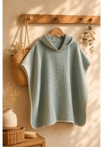 4 Kat Çoban Dikişli Müslin Bebek / Çocuk Pançosu - Mint Yeşili 5 - 6 Yaş
