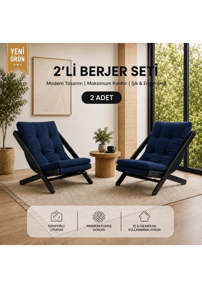 2li Dinlenme Koltuğu Berjer Balkon Koltuğu Bahçe Kotuğu Tv Sandalyesi Koyu Mavi