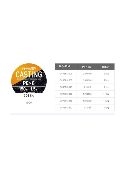 Gosen Answer Casting Pe 8 Örgü Spin İpi 150mt Fine Silver Pe 1.5 0,216 Mm