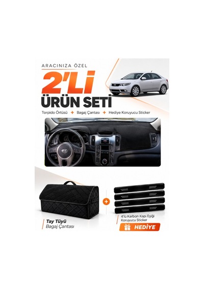 E-biz Kia Cerato 2008-2012 Uyumlu Torpido Örtüsü + Tay Tüyü Bagaj Çantası Seti - Siyah - Kı007