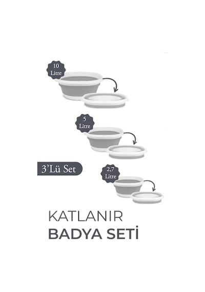 Katlanır Badya Akordiyon Silikon Leğen Badya Set 10-5-2,7 Litre