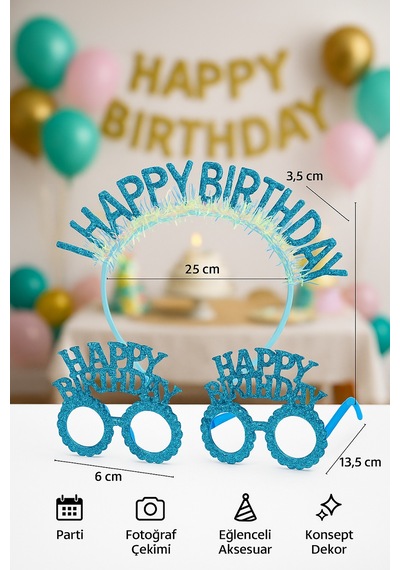 Mavi Happy Birthday Simli Doğum Günü Taç Ve Gözlük Seti Parti Aksesuarı, Fotoğraf Konsepti