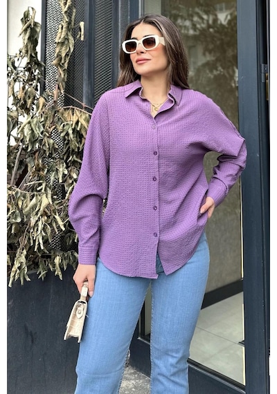 WeShaya Kadın Mor Basic Model, Gofre Kumaş, Salaş Gömlek Lila