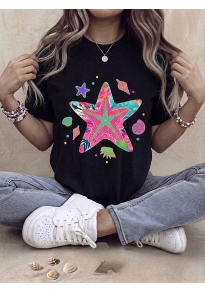 Marine Tema Baskılı Oversize Kompak T-shirt Siyah