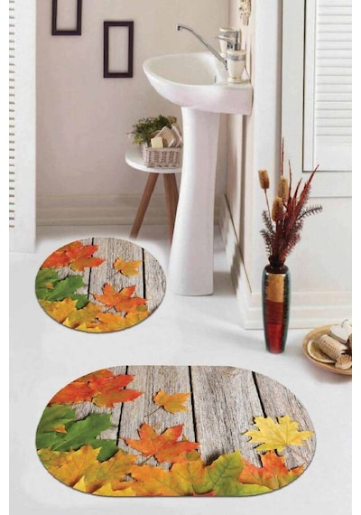 Turuncu Çınar 3d Banyo Halısı Klozet Oval Paspas Seti Bs067n11