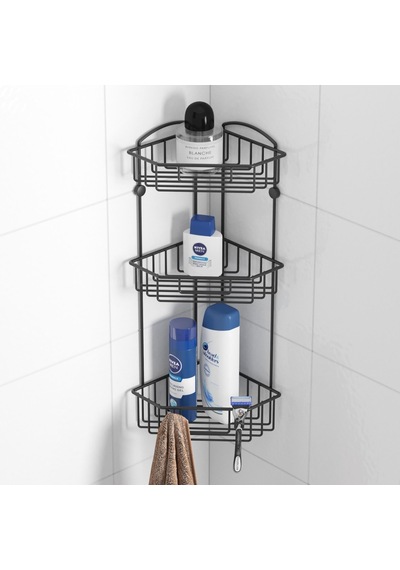 Teknotel İki Katlı Kancalı Banyo Köşe Rafı Siyah Es093