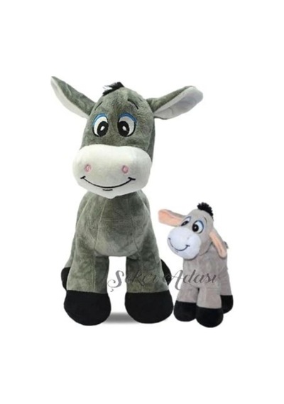 Oyuncak Peluş Yavrulu İkili Eşek 28 Cm Ve Sıpa 15 Cm Gri