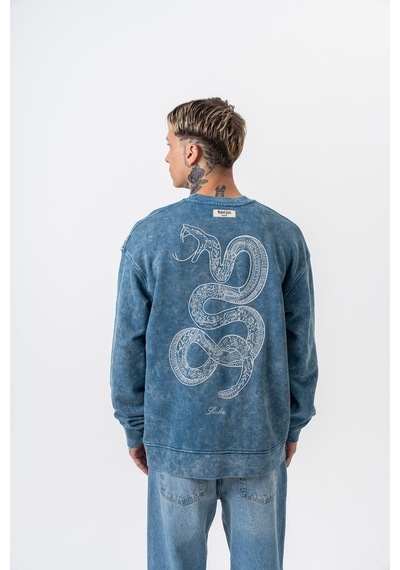 Respire Erkek Snake Nakışlı Yıkamalı Bisiklet Yaka Oversize Sweatshirt Petrol