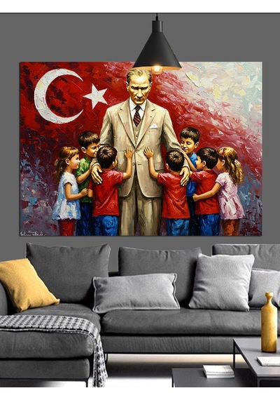 Atatürk Ve Çocuklar Dekoratif Kanvas - Mdf Ahşap Tablo