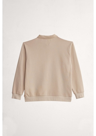 Tudors Erkek Relax Fit Rahat Kesim Pamuklu 3 İplik Fermuarlı Polo Yaka Taş Sweatshirt-41821 Taş