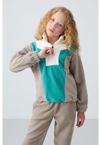 Tommy Life Koyu Bej Kalın Yumuşak Dokulu Oversize Nakışlı Polar Kız Çocuk Sweatshirt - 75153 Koyu Bej