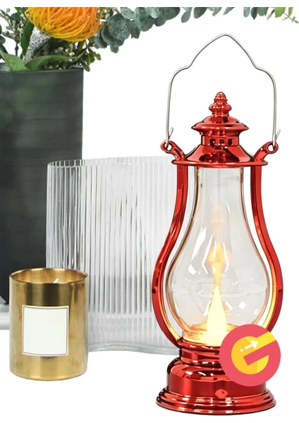 Retro Alev Efektli Led Lamba Pilli Gaz Lambası Modeli Kandil Atmosfer Dekoratif Ramazan Yılbaşı Aydınlatma Kırmızı