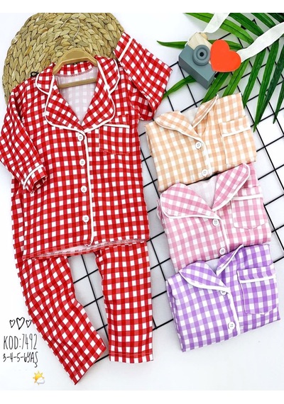 2-3-4-5 Yaş Düğme Kapamalı Piti Ekose Desenli 2li Kız Erkek Çocuk Pijama Takımı 001