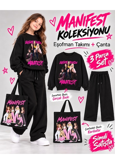 Kokoş Bebe Manifest Baskılı Çantalı 3 Lü Kız Çocuk Eşofman Takımı - 5/16 Yaş - 31976 Çok Renk
