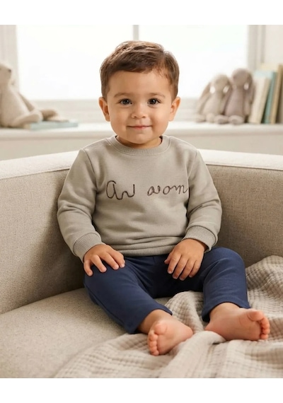 Tuffy Erkek Bebek Sweatshirt Açık Gri Triko Kol Detaylı Saklambaç Temalı