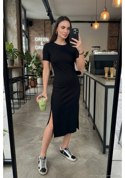 Lela Regular Fit Bisiklet Yaka Yırtmaç Detaylı Midi Bayan Elbise 5866165 Siyah