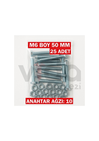 M6x50 Altı Köşe Cıvata + Somun Takımı Çinko Kaplı 25 Adet Takım 1