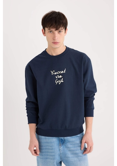 DeFacto Van Gogh Boxy Fit Bisiklet Yaka Sırt Baskılı Sweatshirt E3203AX24WNNV71 Lacivert