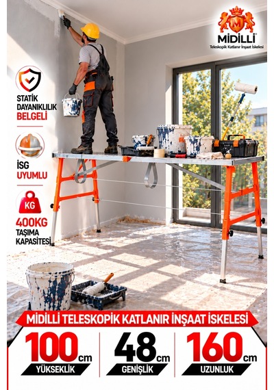 100x48x160cm Alüminyum Gövdeli Çelik Ayaklı Teleskopik Katlanır İnşaat İskelesi - 400 Kg Taşıma Kapasitesi