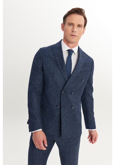 AC&Co / Altınyıldız Classics Erkek Lacı Slim Fit Dar Kesim Kırlangıç Yaka Desenli Takım Elbise Lacivert