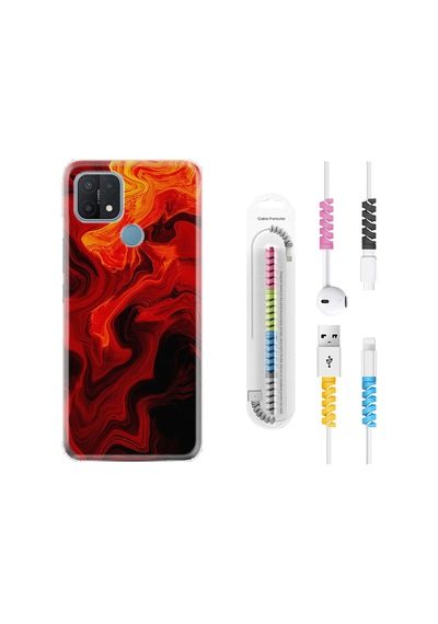 Oppo A15S Kılıf Kablo Koruyuculu Red Orange Zigzag 1695