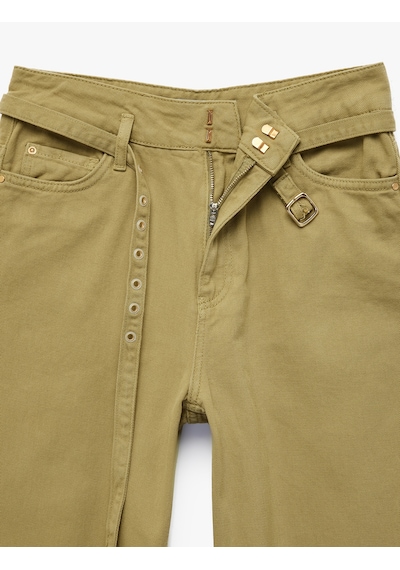 Koton Pamuklu Yüksek Bel Kemerli Geniş Paça Pantolon - Wide Leg Jeans Haki 6sal40060mw