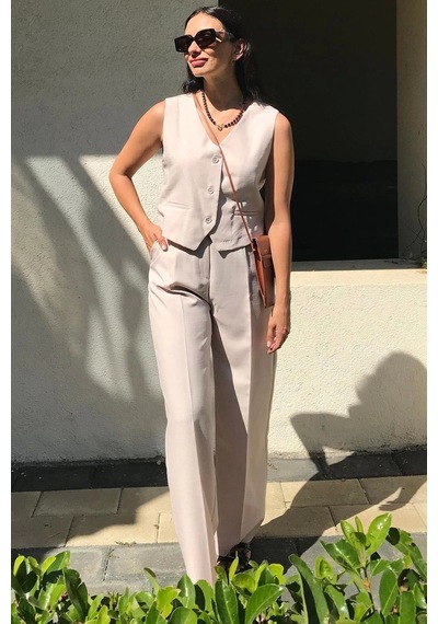 4 Sisters Fashion Bej Yelek Pantolon Takım - Bej 4 Sisters Fashion Bej Yelek Pantolon Takım - Bej
