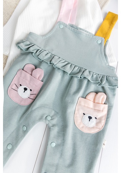 Baby Mod Tavşan Fiğürlü100% Pamuk Kız Bebek Salopet 2'li Tulum Yeşil